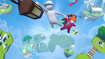 Faceless character holding onto a lamp and another character's hand with little islands floating in the air and some more faceless characters floating and falling in the background.