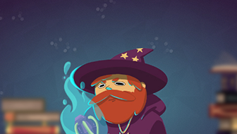 A drawing of a wizard holding a glowing staff in front of a three stacks of books