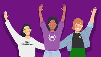 Three animated women standing together with their arms raised in celebration. The woman on the far left is wearing a shirt that says, “Xbox Ambassadors”, the woman in the center is wearing a shirt with the Xbox Ambassadors logo, and the woman to the right is wearing an Xbox logo.