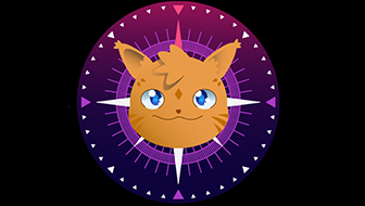 An illustration of a cat's smiling face overlaid on top of a purple compass