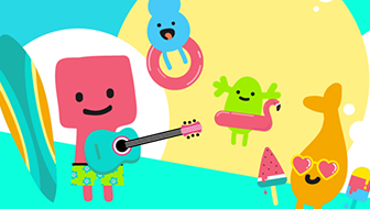 Illustration of colourful humanoid shapes hanging out at the beach having fun