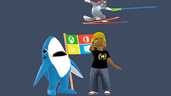 MTA Raylz's Xbox avatar stands next to a blue and white shark person and a flag with the Xbox, Bing, Office, and Windows logos. The avatar wears a black shirt with a golden star + laurels Amby logo. Above the avater, a cat jumps on skis in a fencing stance.