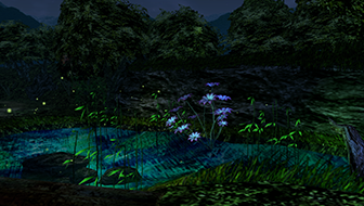Scene background from Shenmue game with a river, flowers, and trees