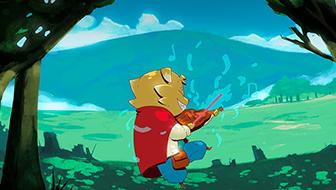 A humanoid bard dog playing the violin as it prances through a green open field with a hill in the distance