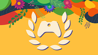 A Hispanic Heritage Month themed banner with the Xbox Ambassadors logo in the middle of a bright orange background. Above the graphic are multiple colors flowing like waves with flowers and plants stemming from them.