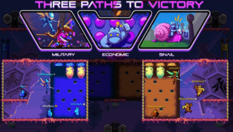 At top of image, three paths to victory are displayed: Military, Economic, and Snail. On the lower left and right, there are blue and orange bee characters competing near their hives.