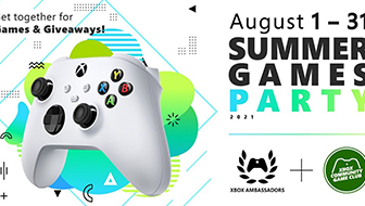 White Xbox controller in front of green and blue graphics on the left. Xbox Ambassadors and Game Club logos on the left. Text reading: Get together for Games and Giveaways. August 1-31 Summer Games Party 2021.
