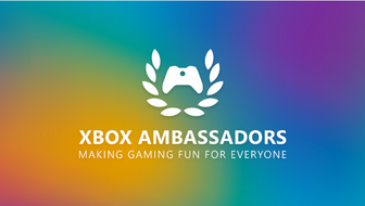 Against a rainbow background, the Xbox Ambassadors laurel and controller logo in white. White text says" Xbox Ambassadors Making Gaming Fun for Everyone"
