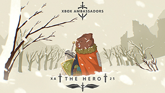 An illustrated small brown bird shields three chicks in his rust colored cloak from the snow. There is snow on the ground and barren trees surrounding them. Text reads Xbox Ambassadors The Hero.