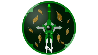 A black shield outlined in green with a sword in the middle. The sword hilt has 