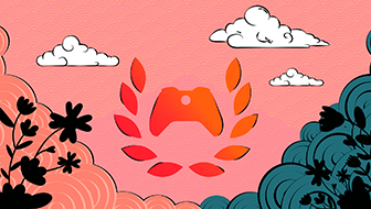 The Xbox Ambassadors logo colored in orange on a light red, pink and light blue circular textured background with clouds and flowery silhouettes.