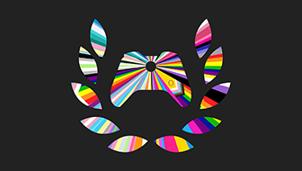 A logo of an Xbox controller surrounded by a laurel. Filling the logo are several LGBTQIA+ pride flags, expanding out from the middle of the logo.