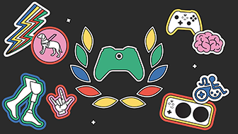 A logo of an Xbox controller surrounded by a laurel, colored yellow, green, blue and red. There are various disability-themed stickers around it