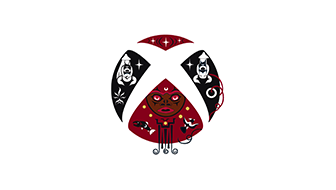 Stylized Xbox logo featuring wildlife, tribe members, and a waterfall in the traditional Snoqualmie style with black and red colors 