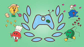 Stylized Xbox Ambassadors logo to look like a lake with lily pad d-pad. The ABYX buttons are personified, gardening, catching bugs, cooking, and fishing.