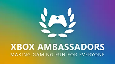 An Xbox Ambassadors controller and laurel leaf logo set against a multicolored background. Below, the text "Xbox Ambassadors" and "making gaming fun for everyone"