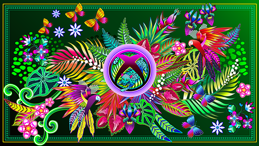 A stylized Xbox logo featuring a jaguar on a background of colorful rainforest botanicals, macaws, and butterflies. 
